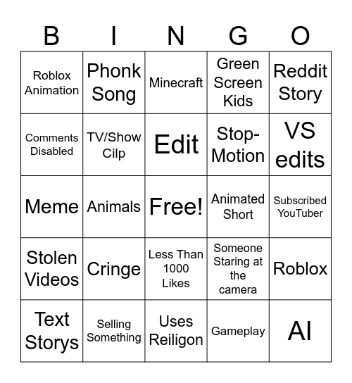 YouTube Shorts Bingo Card