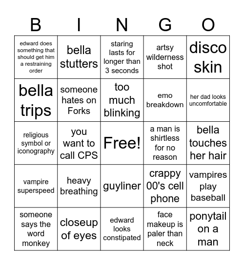 Twilight Drinking Game Bingo Card