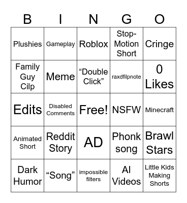 YouTube Shorts Bingo Card