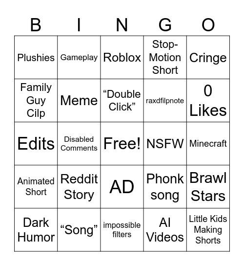 YouTube Shorts Bingo Card