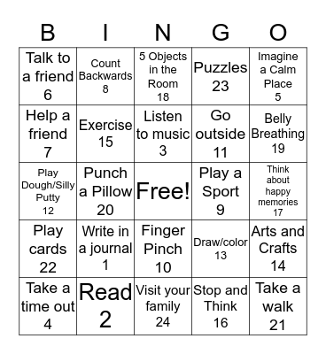 Coping Tools Bingo Card