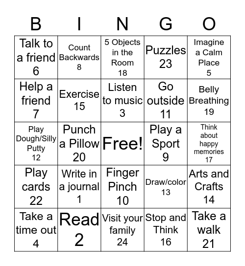 Coping Tools Bingo Card