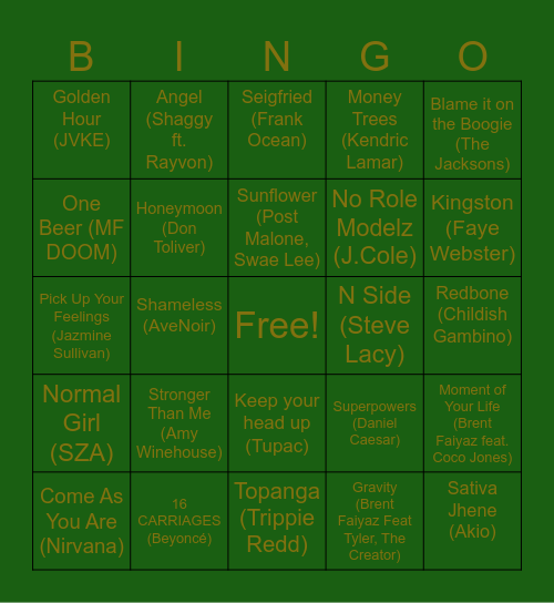 Moriah's Favorite Songs - Round Bingo Card