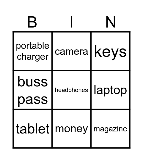 Personal possessions Bingo Card