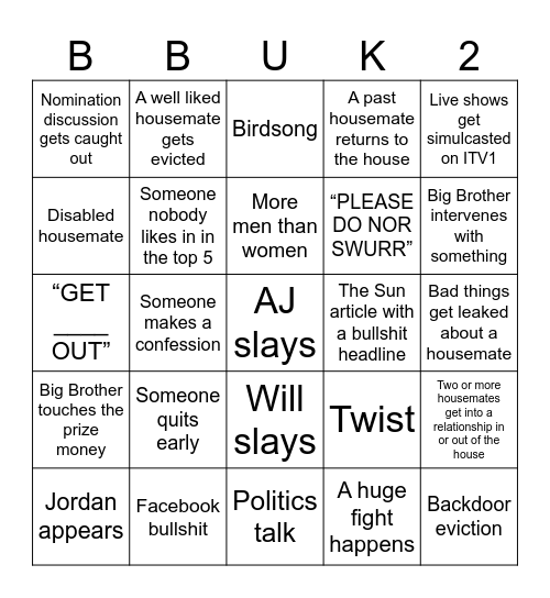 BBUK21 Series Long Bingo Card Bingo Card