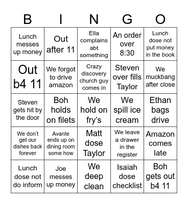 Tuesday night Bingo Card