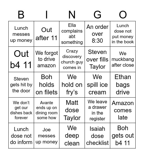 Tuesday night Bingo Card