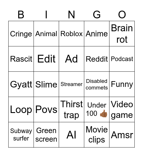 Yt shorts Bingo Card