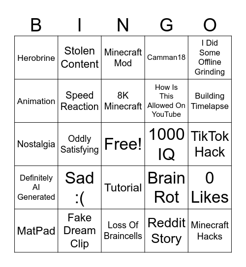 Watching 100 Minecraft Shorts Bingo Card