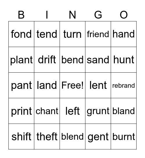 Ending Blends -nt, -ft, -nd Bingo Card