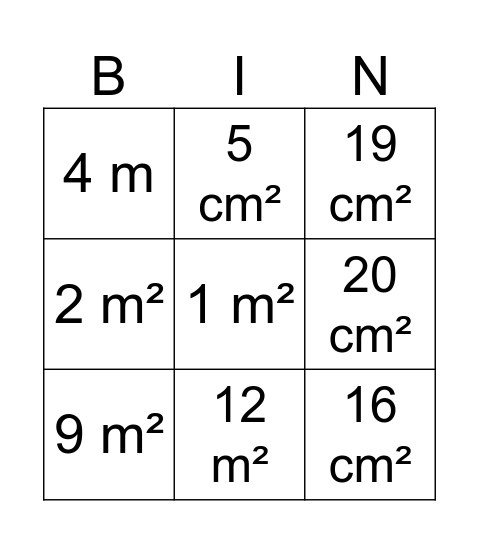 Area and perimeter bingo Card