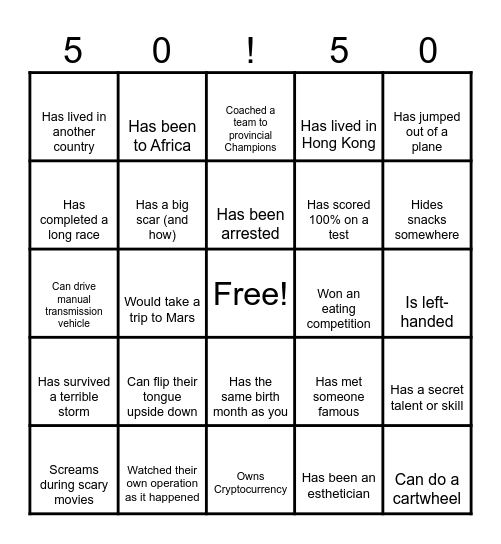Skigh & Fiona's 50th Birthday Bingo Card