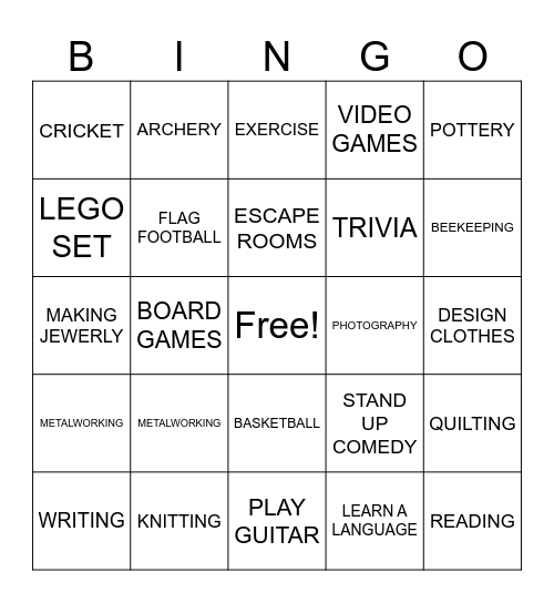 HOBBIES Bingo Card