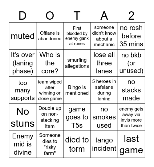 Purg Plays Dota 2 Bingo Card