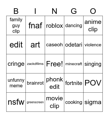 youtube shorts bingo Card