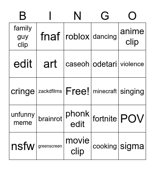 youtube shorts bingo Card