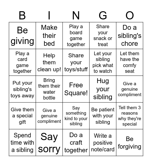 Sibling Challenge Bingo Card