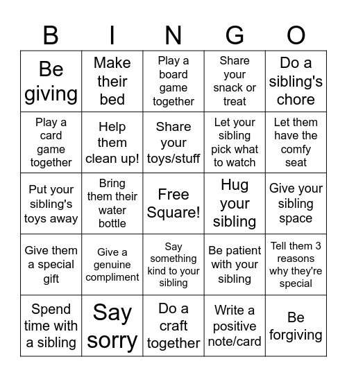 Sibling Challenge Bingo Card