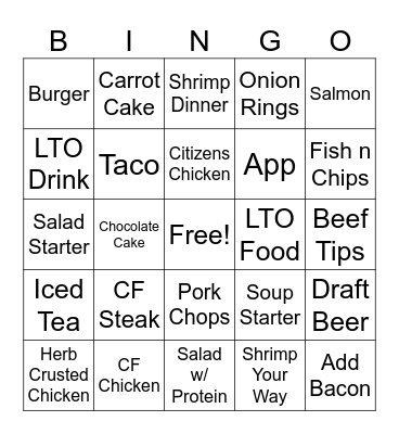 Dinner Bingo Card