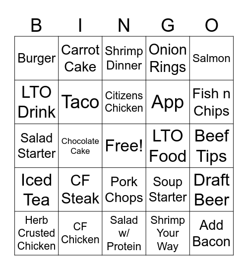 Dinner Bingo Card