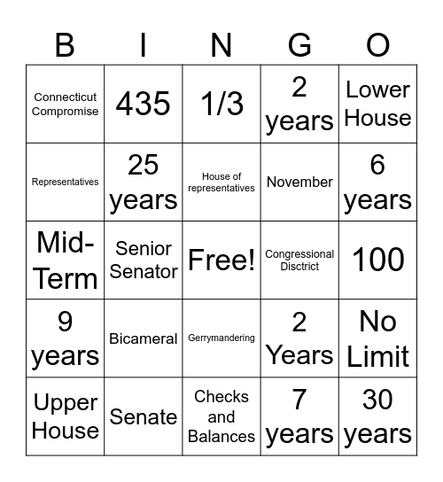 Legislative Branch Bingo Card