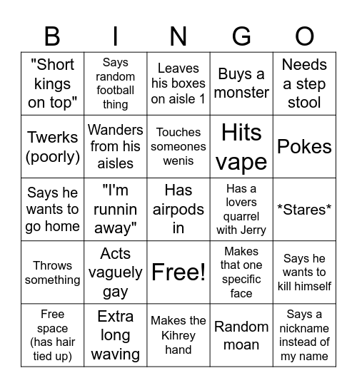Jordan Shenanigans Bingo Card