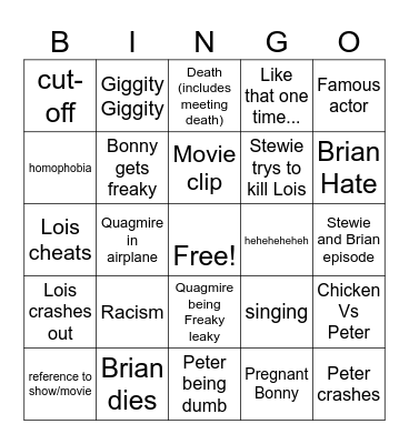 Family Guy Bingo Card
