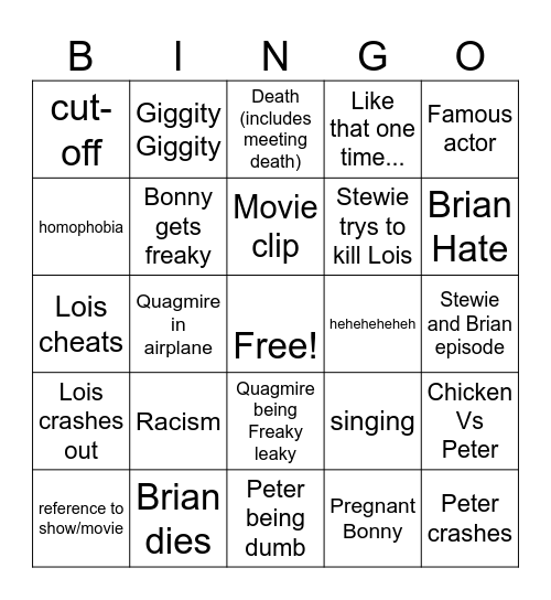 Family Guy Bingo Card