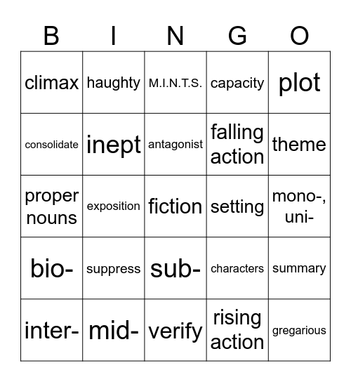 Prefixes, Vocabulary, Plot Elements Bingo Card
