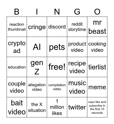 youtube bingo Card