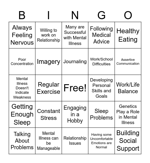 Mental Health Bingo Card