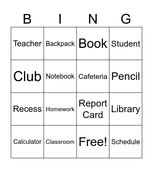 School Life Bingo Card