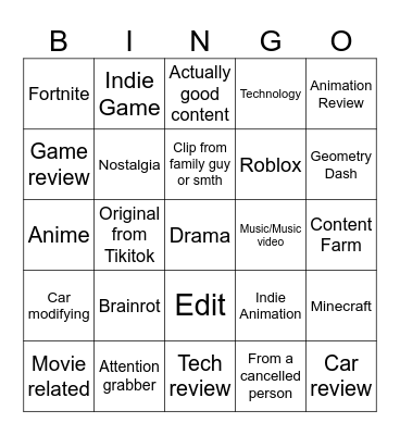 YOUTUBE BINGO Card