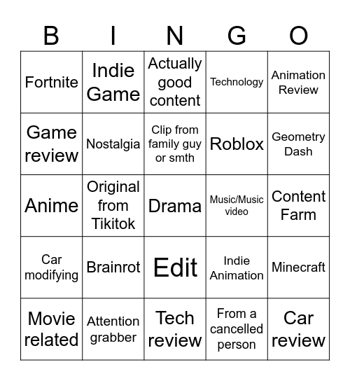 YOUTUBE BINGO Card