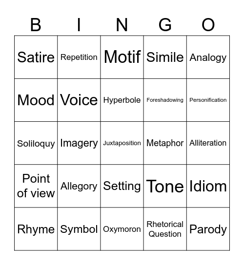 Literary Devices Bingo Card