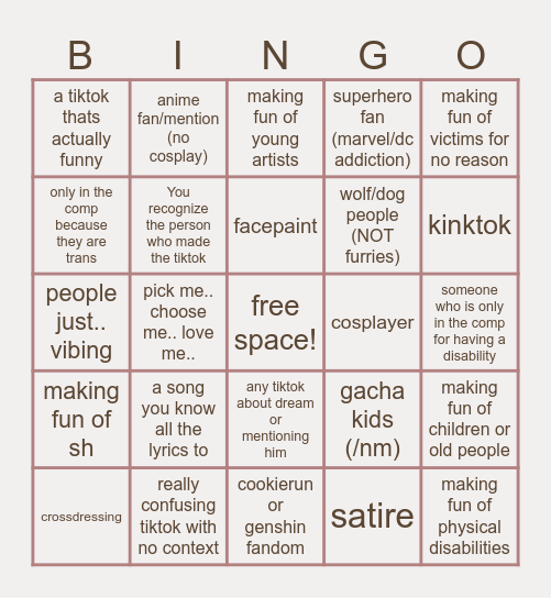 cringe tiktok compilation bingo Card