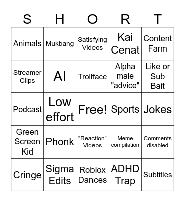 YouTube Bingo Card