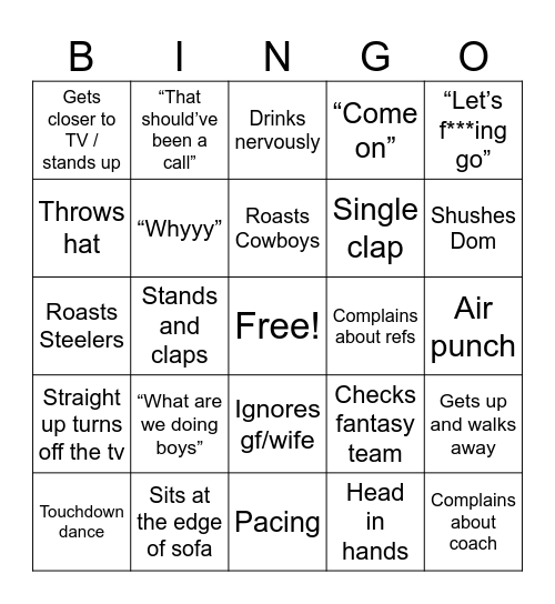 NFL Bingo Card