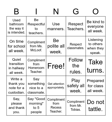 Respect Bingo 4th Grade Bingo Card