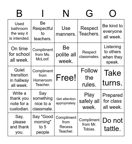 Respect Bingo 4th Grade Bingo Card