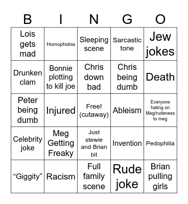 Family guy bingo Card