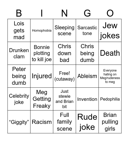 Family guy bingo Card