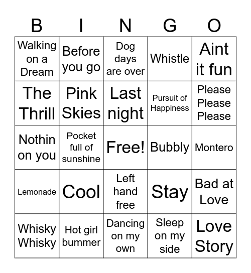 Fia's Hits Bingo Card