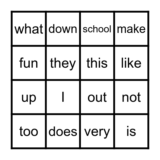 Sight Words Bingo Card