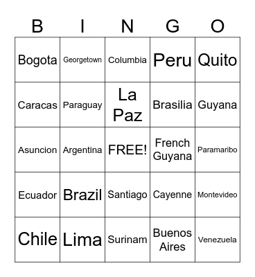 BINGO South America Bingo Card