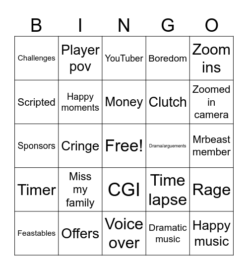Mrbeast bingo Card