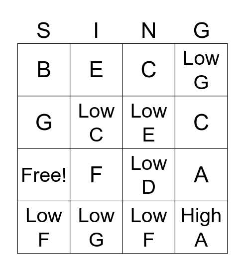 Note Names Bingo Card