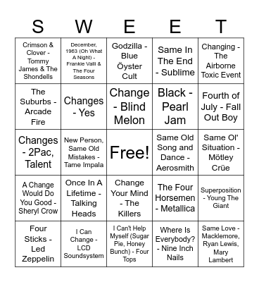 Sweet Avenue Music Bingo Card