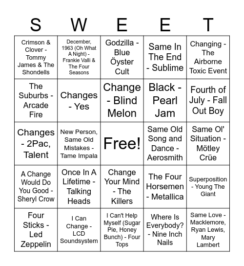 Sweet Avenue Music Bingo Card