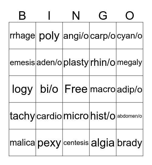 Medical Terminology Bingo Card